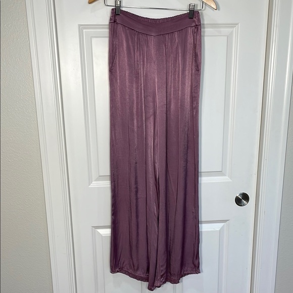 Made in Italy Satin Silk Wide Leg Pants Medium Lavender Purple Elastic Pockets - Picture 1 of 14